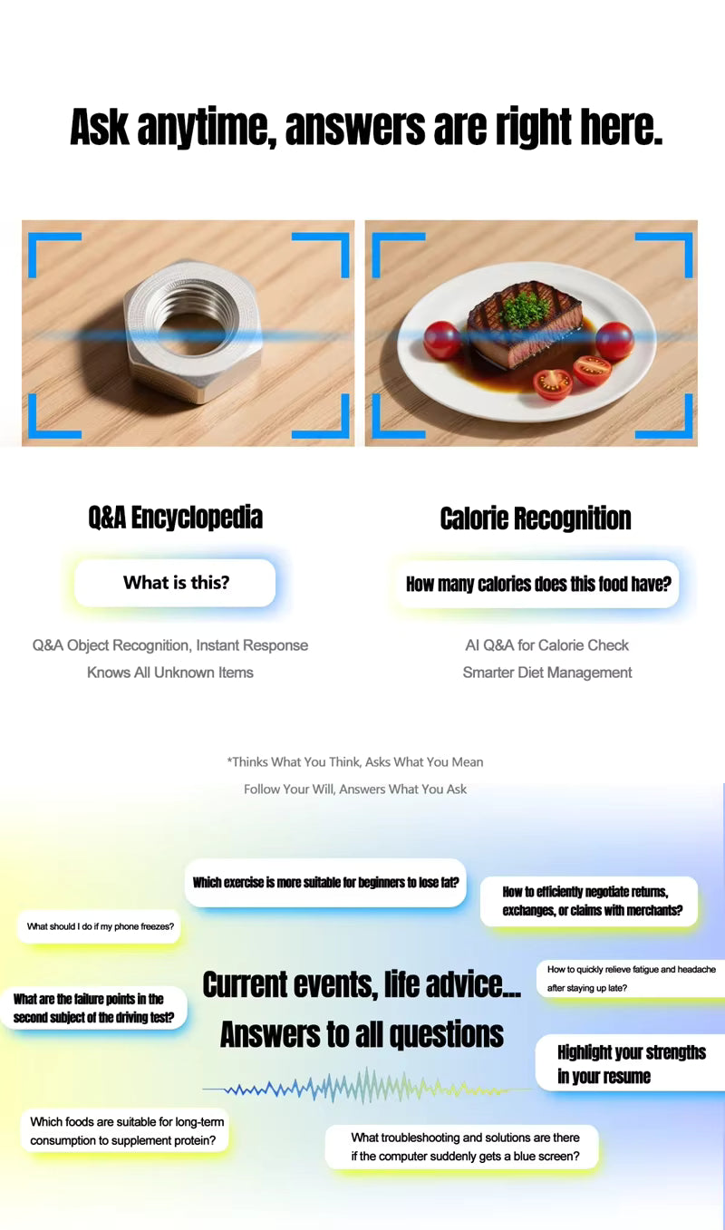 Diagram of a Q&A Encyclopedia and Calorie Recognition system on a wooden surface.