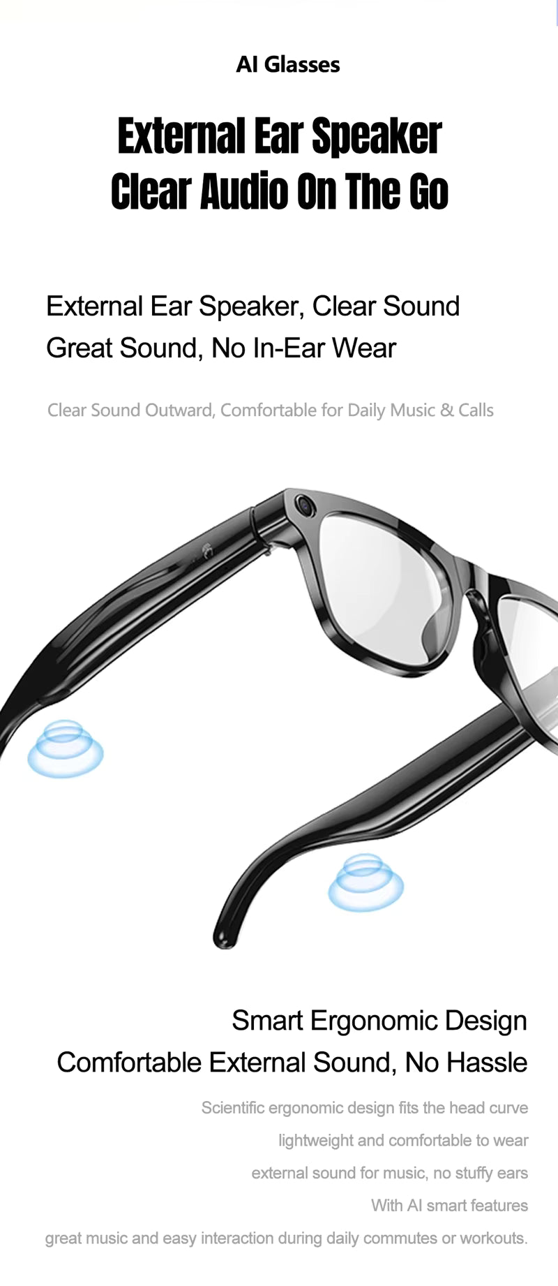AI Glasses with external ear speaker and clear audio feature on a white background