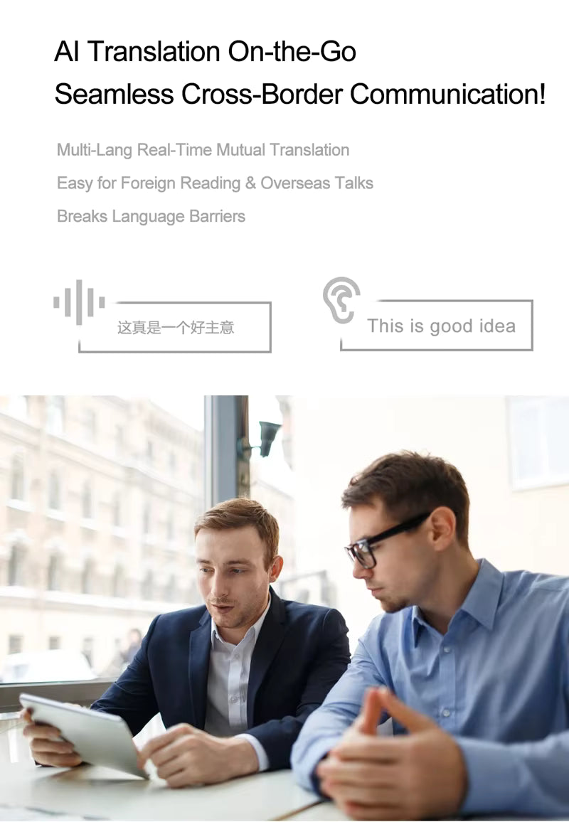 Two men discussing something on a tablet with text about AI translation services.