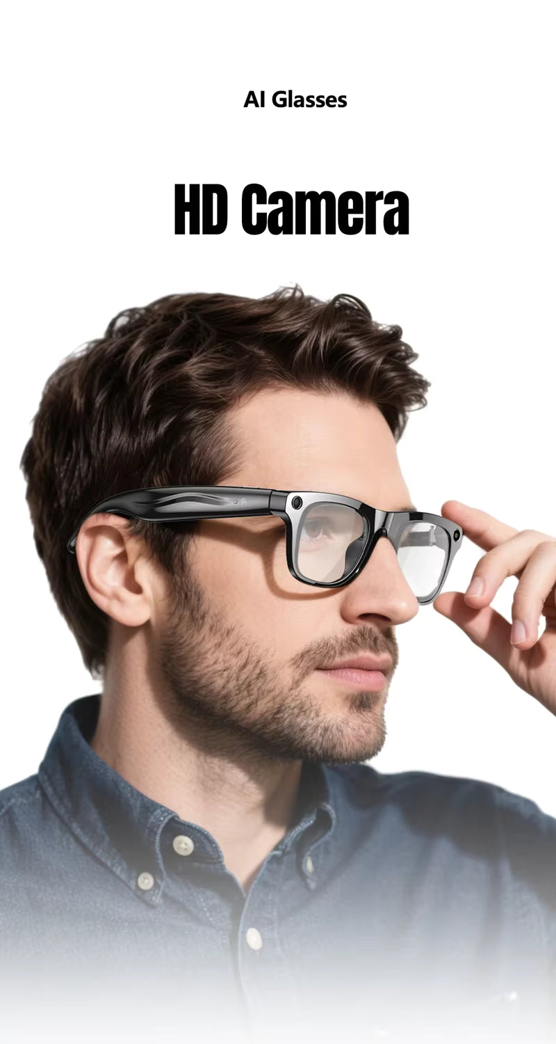 Man wearing glasses with an HD camera, on a white background