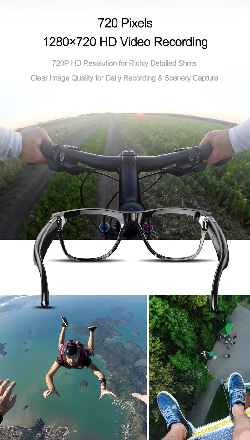 Bicycle handlebar with camera, glasses, and various activities shown.