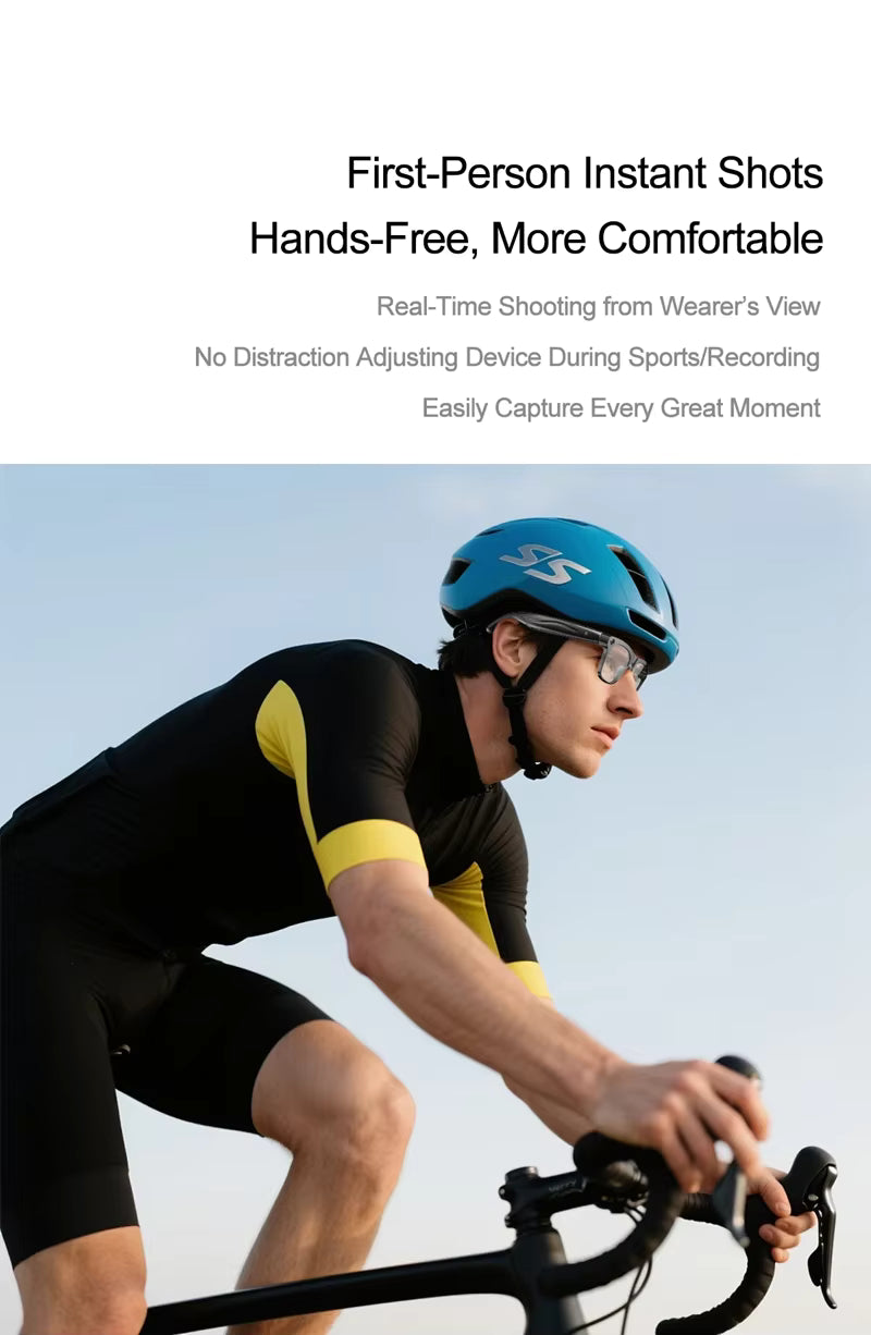 Person riding a bicycle with text about first-person instant shots and hands-free comfort.