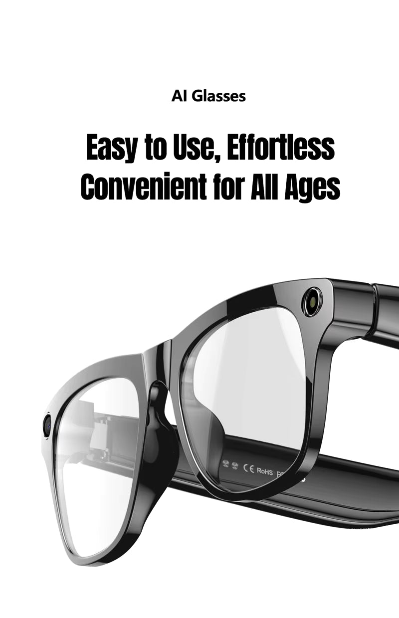 AI Glasses with text 'Easy to Use, Effortless, Convenient for All Ages' on a white background
