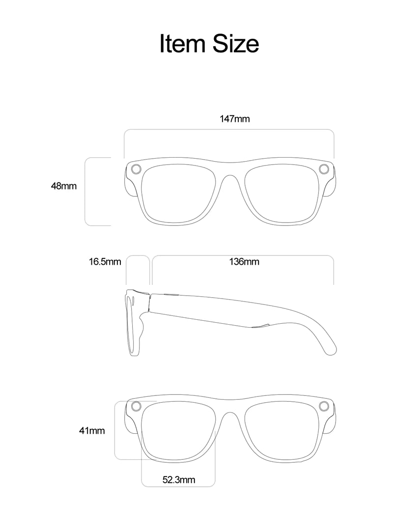 Measurement chart for sunglasses with dimensions labeled.