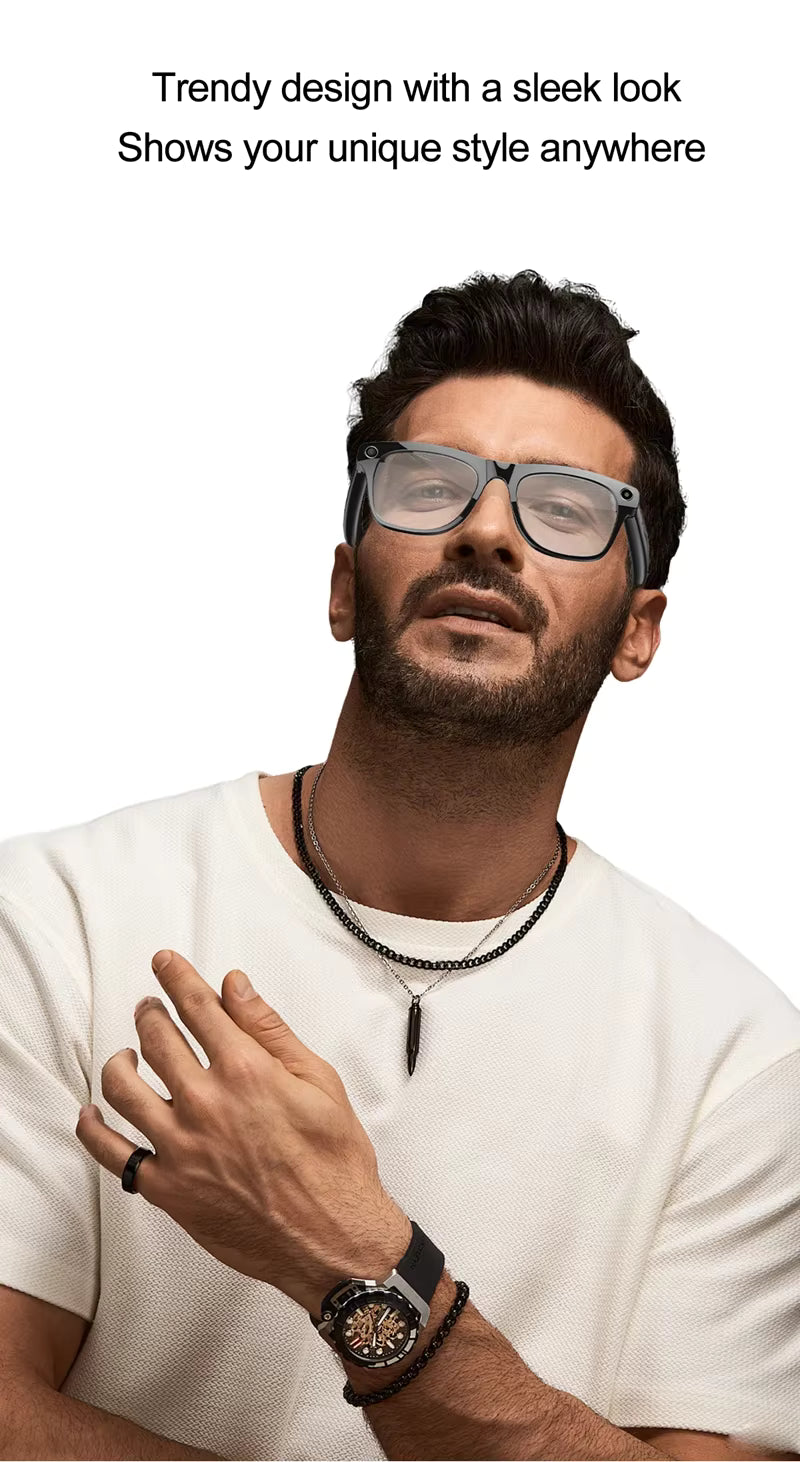 Man wearing glasses, a necklace, and a watch with text about trendy design and unique style.